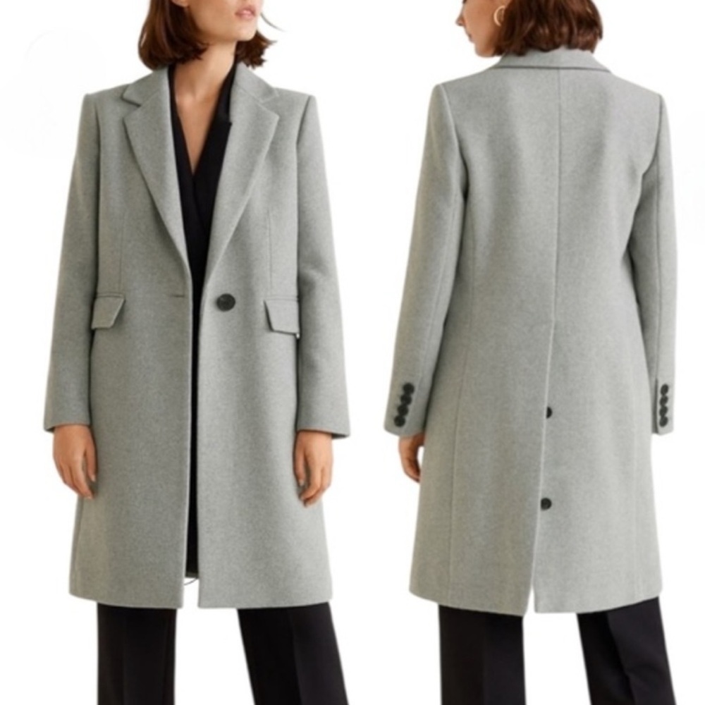 Mango MNG heather gray wool blend one button business classic tailored pea coat